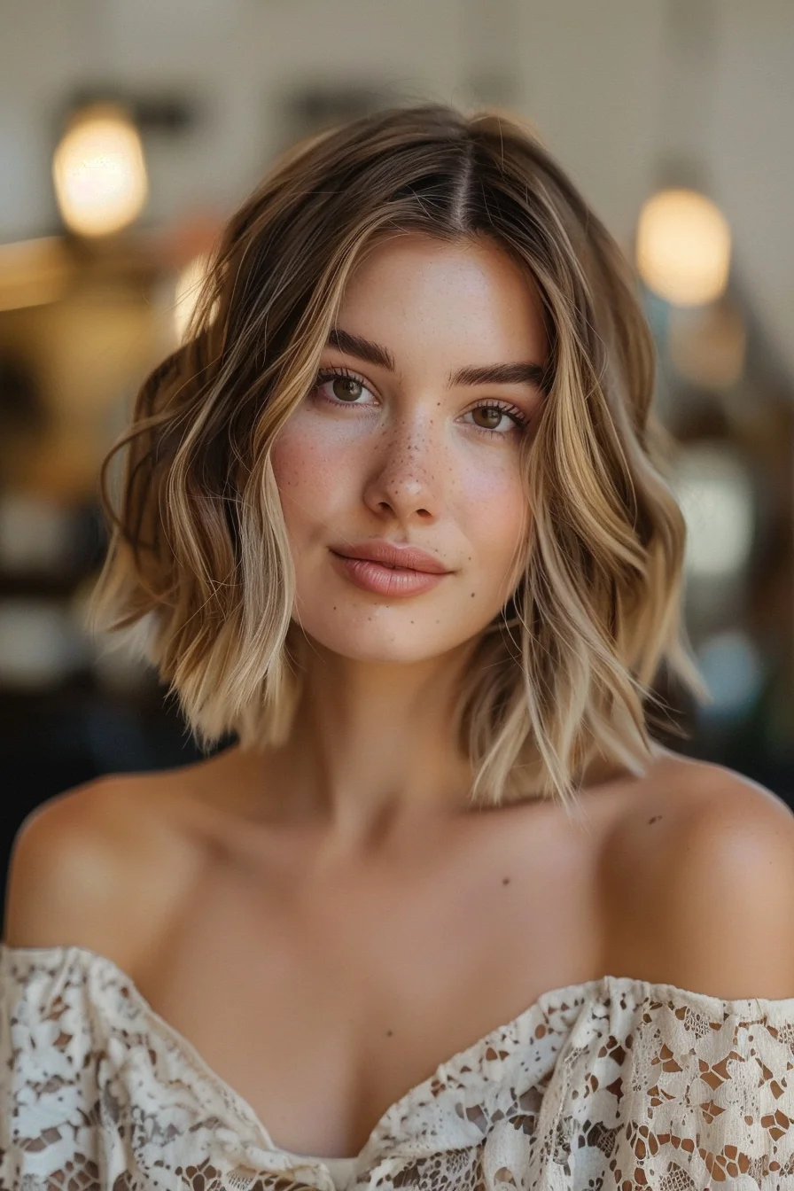 A soft wavy bob with warm bronde balayage, blending light brown and blonde hues seamlessly. The waves add volume and texture, enhancing the natural-looking highlights for a fresh and stylish look.