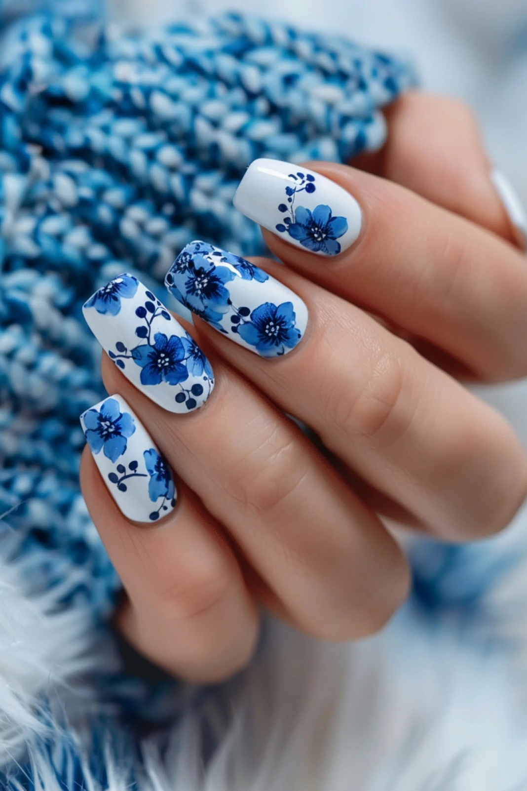 These nails display a delicate balance of blue and white, with a touch of silver glitter for added glamour. The floral patterns are meticulously painted, with different shades of blue creating depth and dimension. The combination of square and oval shapes adds a unique and stylish flair. ​