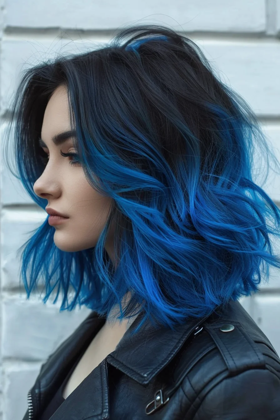 A sleek, straight hairstyle with vivid blue highlights primarily towards the bottom half of the hair. The sharp, straight cut emphasizes the striking color transition, creating a sleek and modern aesthetic with a touch of edge.