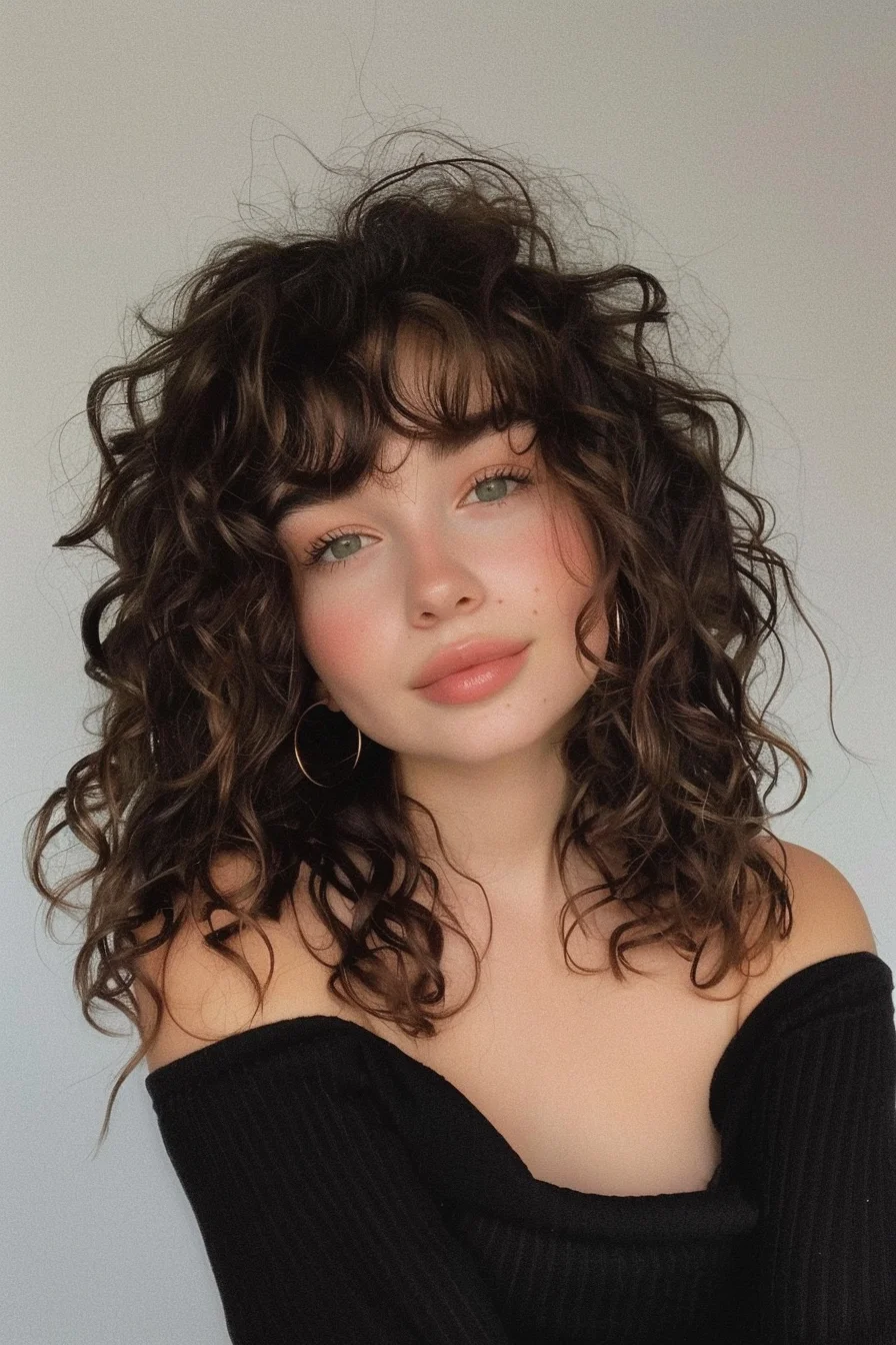 This hairstyle has shoulder-length, dark brown curls with layered ends, adding volume and bounce. The fringe is softly curled and integrated into the overall look, offering a chic and youthful appearance.