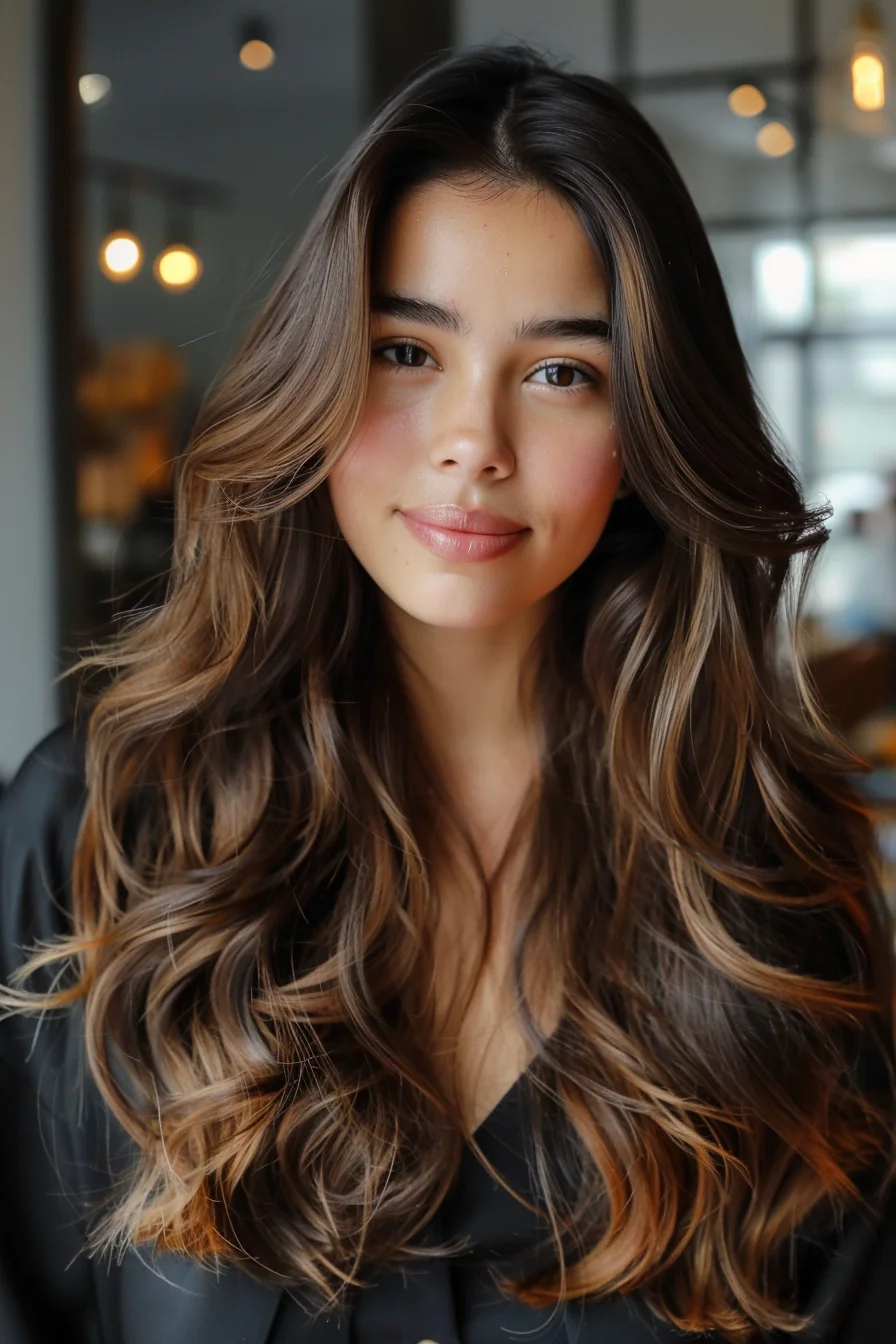 This hairstyle features long, layered waves with a natural brunette base and caramel balayage highlights, adding dimension and movement. The loose curls enhance the color blend, creating a soft, sun-kissed look.