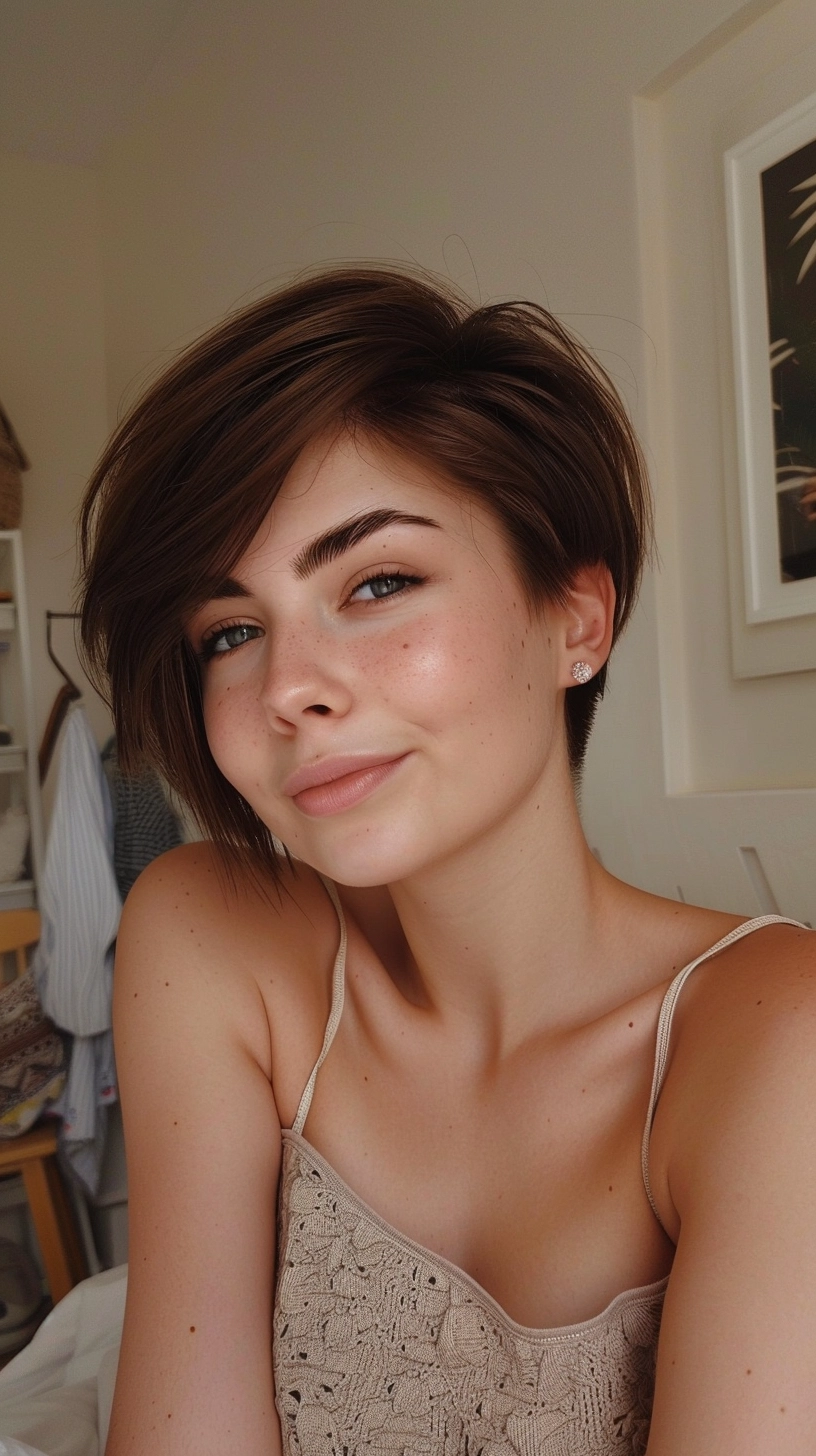 A sleek pixie bob with chestnut brown hair. The straight strands are softly layered, giving the hair a smooth, polished look. The side-swept fringe frames the face, and the cut tapers neatly towards the nape of the neck.
