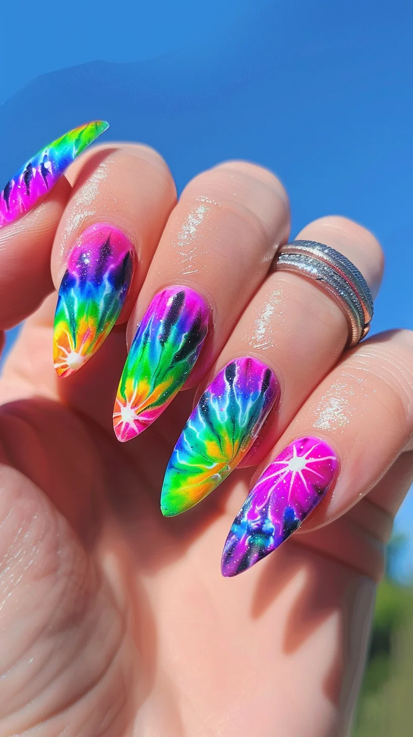 These nails offer a stunning combination of vibrant colors and intricate designs, perfect for a sunny day. The blend of pink, green, yellow, and blue with white starburst accents creates a playful and energetic vibe. The glossy finish enhances the brilliance of the colors, making them shine brightly.